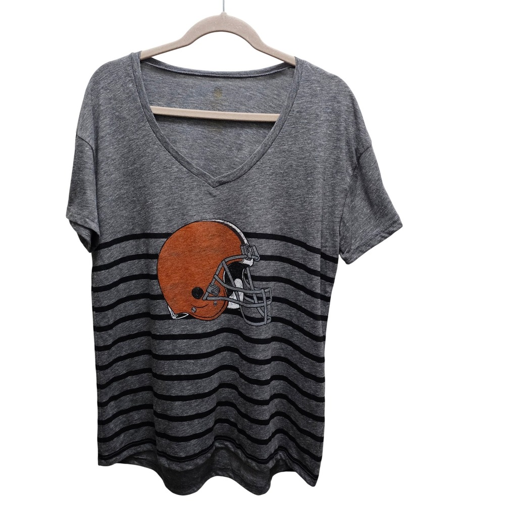 NFL Juniors Cleveland Browns Football Striped V-Neck T-Shirt Grey Orange‎ L